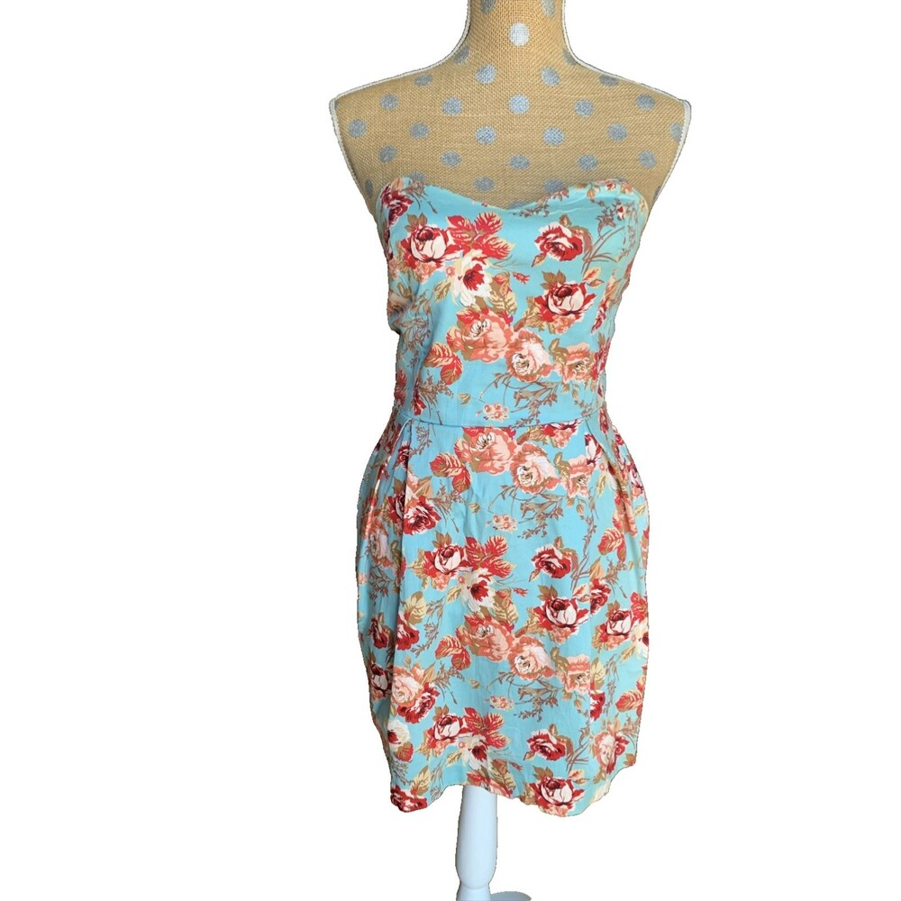 Y2K IXIA Strapless Mini Dress Women S Teal Blue Floral Ruched Chiffon USA